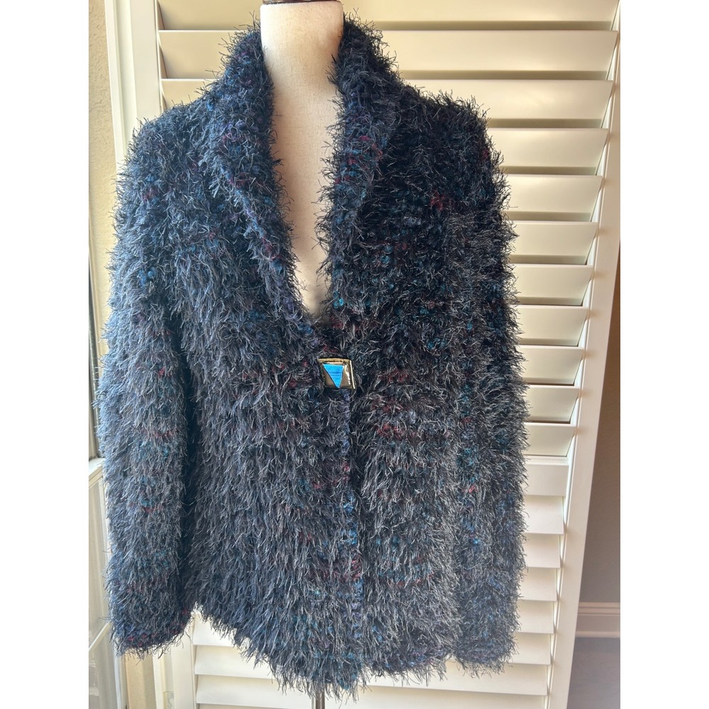 Handmade Shag Eyelash Mixed Yarn Cardigan Women L Multi Shimmer Jewel Button - Picture 2 of 10